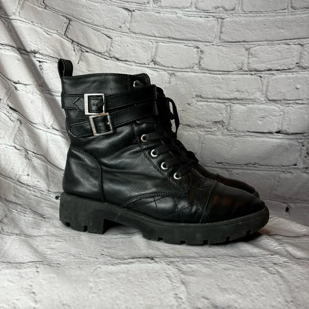 5/$20 BCBGirls Adrianna Black Side Zip Up Combat Moto Boots Buckles Sz 2 AS IS‎